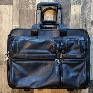 Tumi Leather Wheeled Brief Laptop Travel Case 18”x13”x9” Black Bag